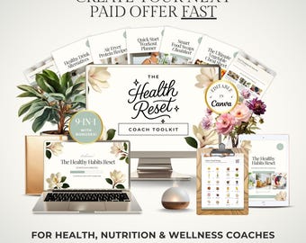 May include: A digital marketing image for health and wellness coaches. It features a laptop, tablet, and clipboard with documents, along with a desktop computer, flowers, and a plant. The text reads "The Health Reset Coach Toolkit" and "Create Your Next Paid Offer Fast."