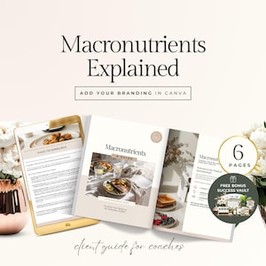 Può includere: Una guida digitale intitolata "Macronutrienti spiegati" con il testo "Aggiungi il tuo marchio in Canva". La guida è aperta, mostrando immagini di cibo e testo. Sono visibili anche un tablet e una grafica bonus.