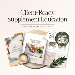 Könnte beinhalten: Ein Bild, das die Supplement-Ausbildung bewirbt. Das Bild zeigt ein Tablet, ein Buch mit dem Titel "Understanding Supplements" und eine Kaffeetasse. Der Text enthält "Client-Ready Supplement Education" und "24 Pages."
