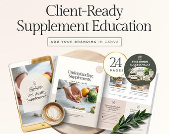 Supplement Education Canva Template for Wellness Coaches, Supplement Client Guide Covering Gut Health, Hormones, Energy & Sleep