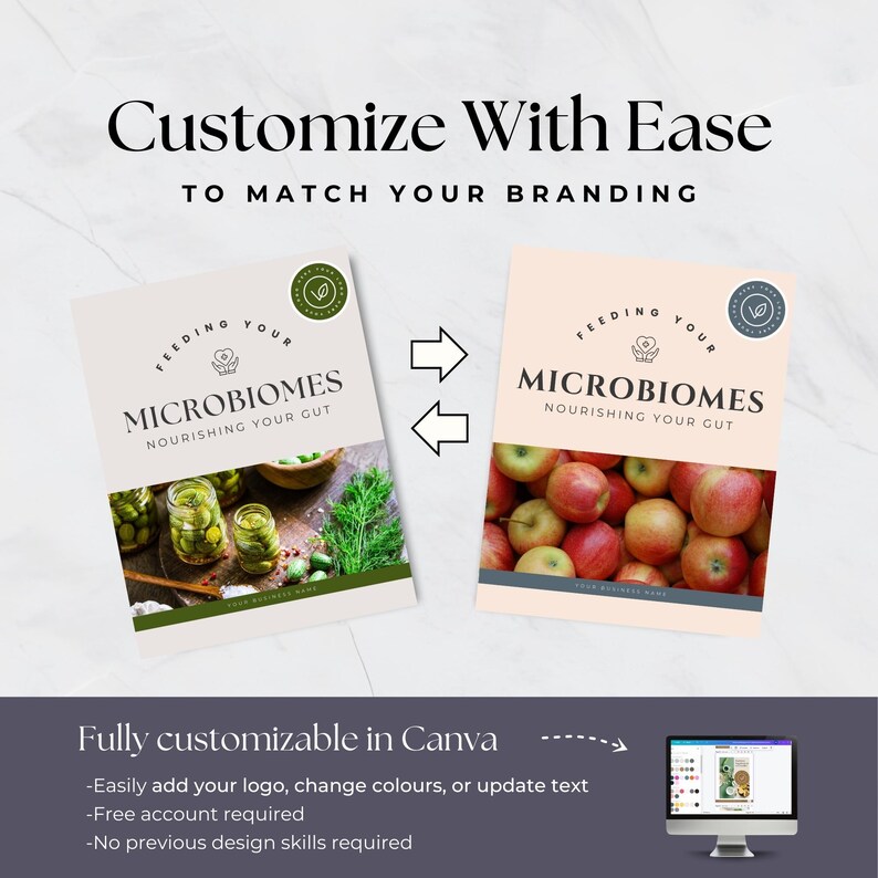 May include: Two customizable Canva templates for a gut health guide. The first template features a green background with jars of pickled vegetables and the text "Feeding Your Microbiomes Nourishing Your Gut". The second template features a pink background with red apples and the same text.