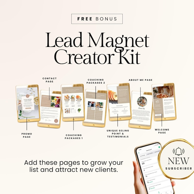 Peut inclure: Image d'un kit de cr&eacute;ation de lead magnet, avec le texte "FREE BONUS" en haut. L'image montre plusieurs &eacute;crans de smartphone affichant diverses pages de site web, dont une page promo, une page de contact et une page de bienvenue. Le texte "Add these pages to grow your list and attract new clients" est en bas.