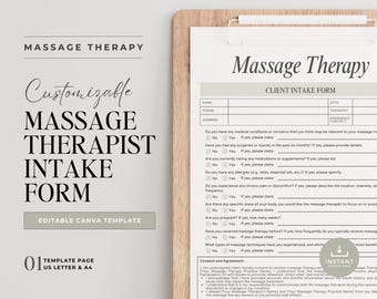 Massage Client Intake Form for Massage Therapy Business Professional Intake Form for Massage Therapists Intake Form Startup Business Forms