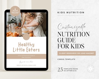 Guía de nutrición para niños. Libro electrónico de nutrición para dietistas, nutricionistas y asesores de salud. Tabla "Come el arcoíris" para niños. Plantilla editable de Canva.