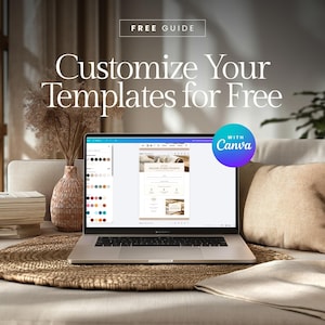Peut inclure: Un ordinateur portable affichant un mod&egrave;le de site web, avec le texte "Customize Your Templates for Free" et "Free Guide". Un vase d&eacute;coratif avec des plantes s&eacute;ch&eacute;es est &agrave; gauche. Le logo Canva est visible. L'ordinateur est sur un tapis tiss&eacute;.