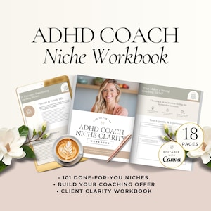 Modèle Canva de cahier d'exercices de clarté de niche pour le TDAH et les fonctions exécutives, ressource de coaching pour le TDAH, définition d'une offre de coaching guide d'attraction client