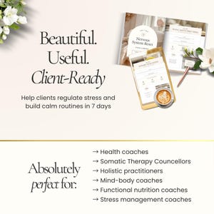 Peut inclure: Publicit&eacute; avec le texte &laquo;&nbsp;Beautiful. Useful. Client-Ready&nbsp;&raquo; et &laquo;&nbsp;Aidez les clients &agrave; g&eacute;rer le stress et &agrave; &eacute;tablir des routines calmes en 7 jours&nbsp;&raquo;. L'image comprend une tablette, un livre et une liste de professionnels.