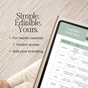 Puede incluir: Una hoja de trucos digital de verduras con un encabezado verde claro y un fondo blanco. El texto "Simple. Editable. Yours." est&aacute; en la parte superior izquierda. La hoja incluye nombres y usos de verduras. El texto incluye "Para entrenadores de salud", "Acceso instant&aacute;neo" y "Agregue su marca".