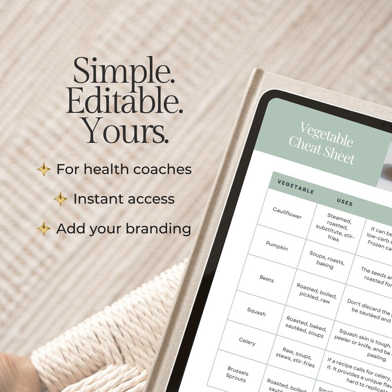 Puede incluir: Una hoja de trucos digital de verduras con un encabezado verde claro y un fondo blanco. El texto "Simple. Editable. Yours." est&aacute; en la parte superior izquierda. La hoja incluye nombres y usos de verduras. El texto incluye "Para entrenadores de salud", "Acceso instant&aacute;neo" y "Agregue su marca".