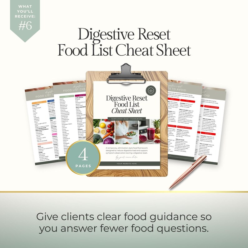 May include: A wooden clipboard holds a "Digestive Reset Food List Cheat Sheet" with a black clip. Four additional pages with food lists and information are displayed. A rose gold pen rests on the right. The image includes text about food guidance.