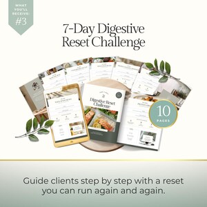 May include: A collection of printed guides and a tablet displaying meal plans for a 7-Day Digestive Reset Challenge. The guides are arranged around a wooden base, with the title prominently displayed. The image includes the text "10 PAGES".