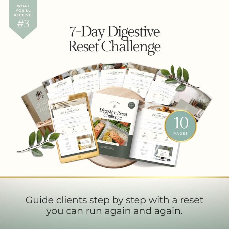 May include: A collection of printed guides and a tablet displaying meal plans for a 7-Day Digestive Reset Challenge. The guides are arranged around a wooden base, with the title prominently displayed. The image includes the text "10 PAGES".