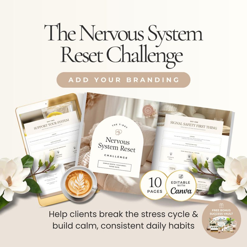 Peut inclure: Un produit num&eacute;rique intitul&eacute; "The Nervous System Reset Challenge" avec le texte "Add Your Branding". L'image comprend une tablette, un carnet et une tasse de caf&eacute;. Le produit comporte 10 pages et est modifiable avec Canva. Le texte se lit comme suit : "Aidez les clients &agrave; briser le cycle du stress et &agrave; d&eacute;velopper des habitudes quotidiennes calmes et coh&eacute;rentes."