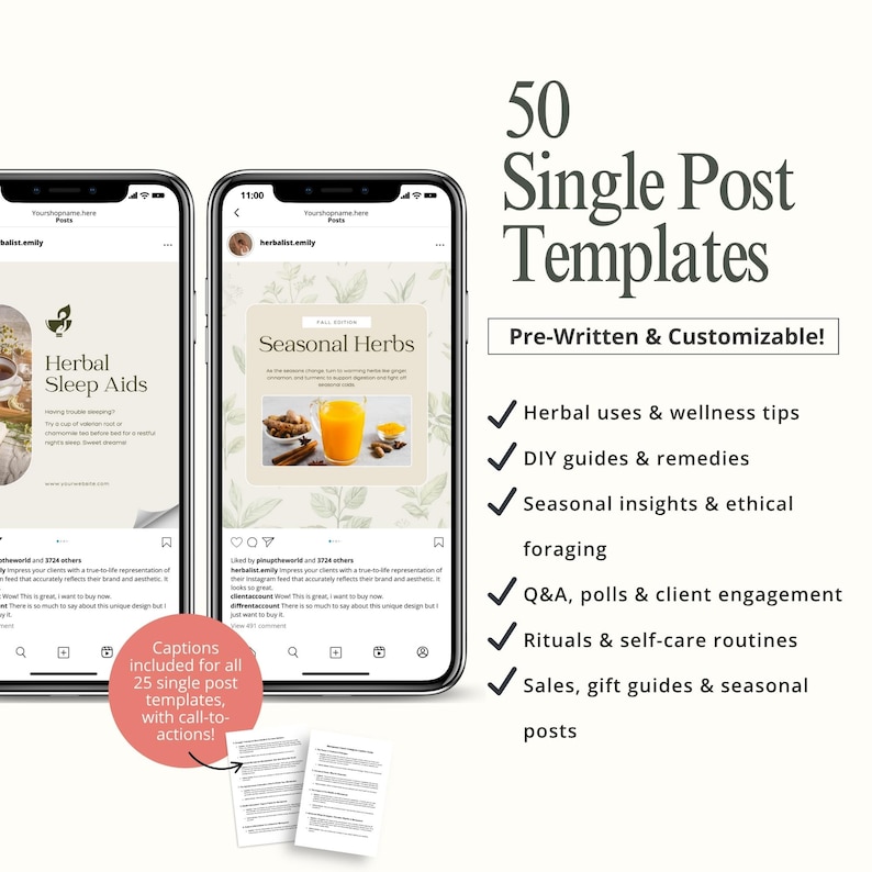 50 Herbal Wellness Social Media Templates, Done for you Herbalist Content Instagram Post Canva Templates for Holistic Practitioners, 341JK image 2