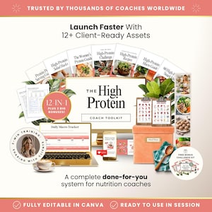 Könnte beinhalten: Werbung für ein Ernährungscoaching-Toolkit. Das Bild zeigt einen Laptop, ein Telefon und verschiedene Ratgeber und Rezeptbücher. Der Text lautet "The High Protein Coach Toolkit" und "Launch Faster With 12+ Client-Ready Assets."