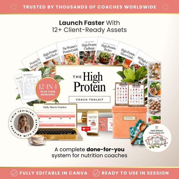 High Protein Coach Template Bundle - Meal Plan - Recipes - Food List - Muscle Building & Weight Loss - Snacks - Macro Chart - Fitness Guide