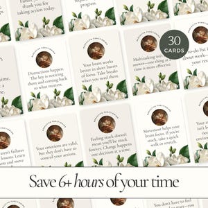 May include: A set of 30 executive functioning cards with floral accents. Each card features a quote and the words "Executive Functioning." The image also includes the text "Save 6+ hours of your time."