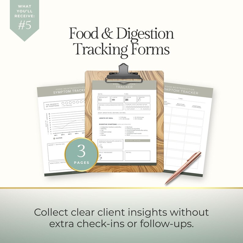 May include: Food and Digestion Tracking Forms, including a symptom tracker, held on a wooden clipboard. The image includes a pen and the text "Collect clear client insights without extra check-ins or follow-ups."