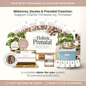 Puede incluir: Imagen promocional para un kit de herramientas de práctica prenatal. La imagen presenta una computadora portátil, libros, una caja azul y un portapapeles. El texto incluye "The Holistic Prenatal Practice Toolkit" y "Midwives, Doulas & Prenatal Coaches".