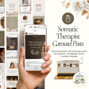 Pode incluir: Um smartphone exibe um design de postagem em carrossel para um terapeuta somático, com um fundo marrom escuro e texto branco. A imagem inclui um calendário de conteúdo, capas de destaque e um cofre de bônus de sucesso. O design inclui detalhes florais.