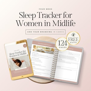 Op de afbeelding: Een digitale slaaptracker voor vrouwen van middelbare leeftijd, weergegeven op een gouden tablet en een open spiraalgebonden notitieboek. Het notitieboek toont slaapverbeteringsstrategieën en een slaaplogboek. De afbeelding bevat de tekst "124 pagina's" en "Gratis cadeaus".