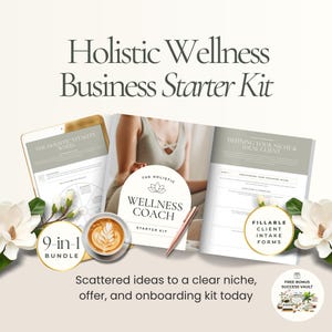Pode incluir: Imagem de um "Holistic Wellness Business Starter Kit". A imagem inclui um tablet, um livro, uma xícara de café e uma caneta. O texto "9-in-1 Bundle" também é visível. O kit foi projetado para ajudar na integração de negócios.