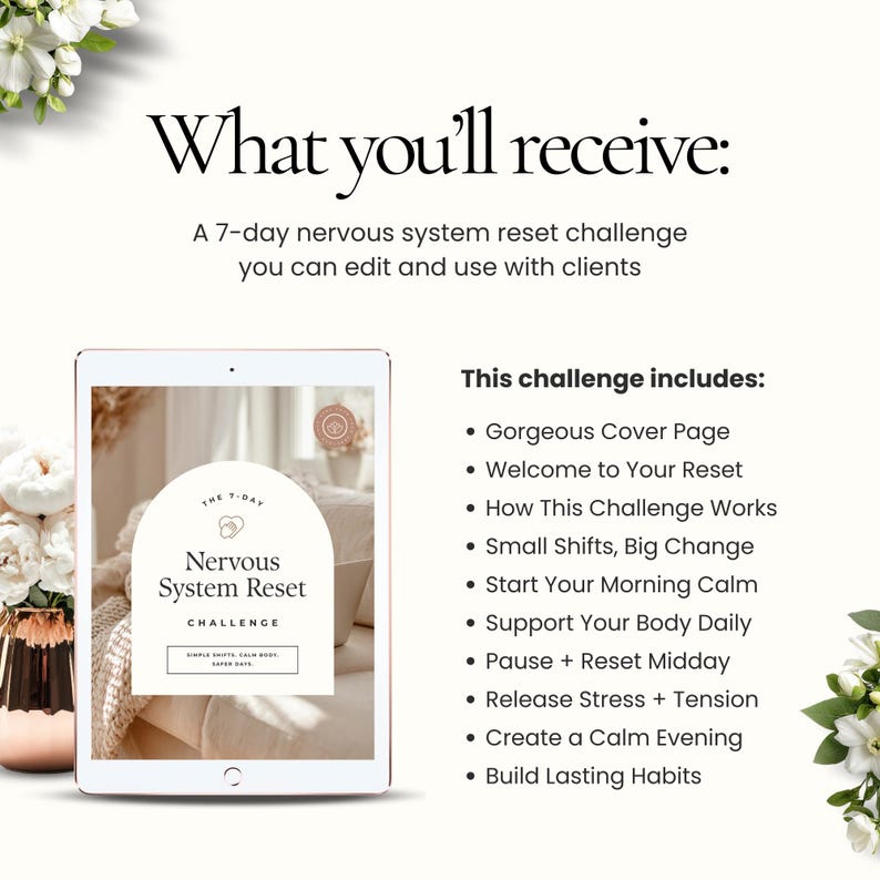 Peut inclure: Publicit&eacute; pour un produit num&eacute;rique. Une tablette affiche un "Nervous System Reset Challenge". Le texte indique "Ce que vous recevrez" et &eacute;num&egrave;re les &eacute;l&eacute;ments du d&eacute;fi, comme "Gorgeous Cover Page" et "Build Lasting Habits".
