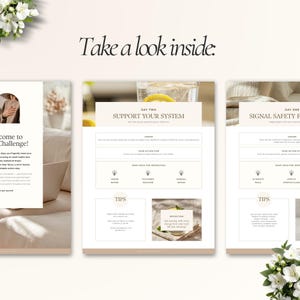 Peut inclure: Une conception graphique beige et blanche avec le texte "Take a look inside". La conception comprend trois panneaux avec du texte et des illustrations sur la sant&eacute; et le bien-&ecirc;tre. Le texte comprend "Support Your System" et "Signal Safety F".