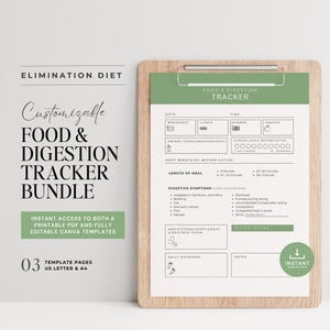 Può includere: Un pacchetto di tracciamento del cibo e della digestione stampabile con modelli personalizzabili per tenere traccia dei pasti, delle bevande, dei livelli di fame, dei sintomi digestivi, dei farmaci, dell'assunzione di acqua e del movimento quotidiano. Il tracker è progettato per una dieta di eliminazione.