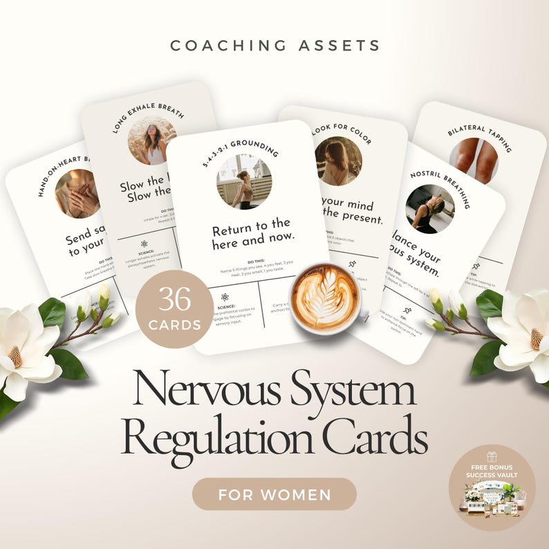 Canva-mall för coacher med regleringskort för nervsystemet, kortlek för copingfärdigheter, verktyg för somatisk terapi, flashcards för emotionell reglering bild 1
