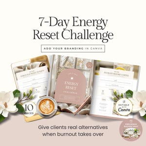 May include: A digital product titled "7-Day Energy Reset Challenge" with the text "Add Your Branding in Canva." The image includes a coffee cup, a tablet, and a notebook. The text "Give clients real alternatives when burnout takes over" is also present.