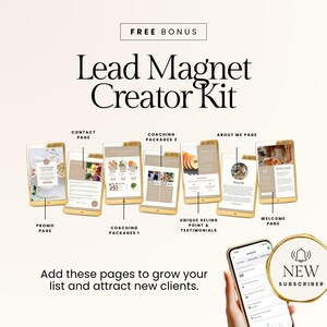 Op de afbeelding: Een advertentie voor een Lead Magnet Creator Kit. De afbeelding toont verschillende mockups van telefoonschermen met webpagina's, waaronder een promotiepagina, een contactpagina en een welkomstpagina. Tekst bevat "FREE BONUS" en "Voeg deze pagina's toe om uw lijst te laten groeien en nieuwe klanten aan te trekken."
