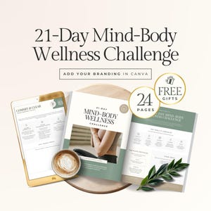 Könnte beinhalten: Werbebild für eine 21-Tage-Mind-Body-Wellness-Challenge. Das Bild zeigt ein Tablet, eine Kaffeetasse und zwei offene Bücher mit dem Titel der Challenge. Der Text "24 Seiten" und "Kostenlose Geschenke" werden ebenfalls angezeigt. Das Bild soll ein Wellnessprogramm bewerben.