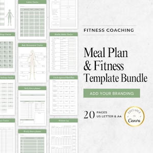 Könnte beinhalten: Ein druckbares Meal-Plan- und Fitness-Vorlagenpaket für Fitness-Coaching. Das Paket enthält 20 Seiten im US-Letter- und A4-Format und ist in Canva bearbeitbar. Das Bild zeigt eine Vielzahl von druckbaren Vorlagen, darunter einen Kalorien-Tracker, einen Körpermaß-Tracker, einen Tracker für gesunde Gewohnheiten, einen täglichen Fitness-Planer, einen wöchentlichen Fitness-Planer, ein Trainingsprotokoll und einen Challenge-Tracker.