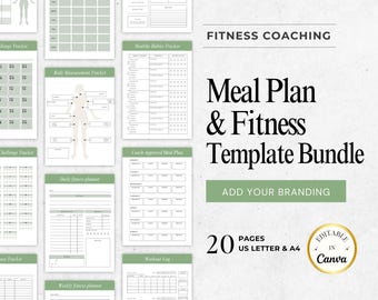 Modèles pour entraîneurs de fitness, suivi des habitudes, formulaires de défi, planification de la nutrition, modèle de plan de repas, offre groupée imprimable Canva pour entraîneurs
