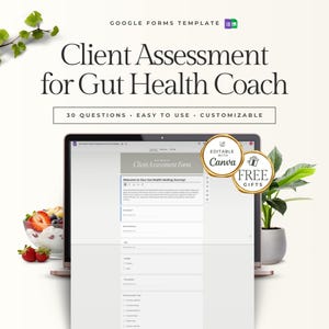 Formulaire d'admission du client coach santé, formulaire Google d'évaluation de la santé intestinale, modèle de coaching en nutrition holistique, questionnaire de médecine fonctionnelle
