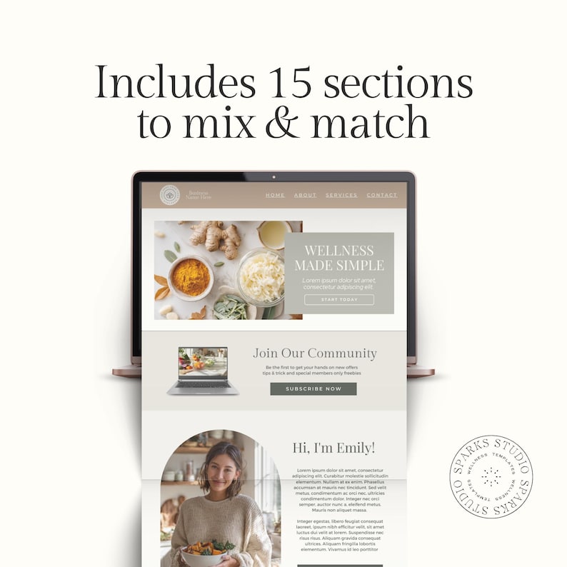 May include: A laptop displaying a website template with the text "Wellness Made Simple." The website includes sections for home, about, services, and contact. The image also includes the text "Includes 15 sections to mix & match."
