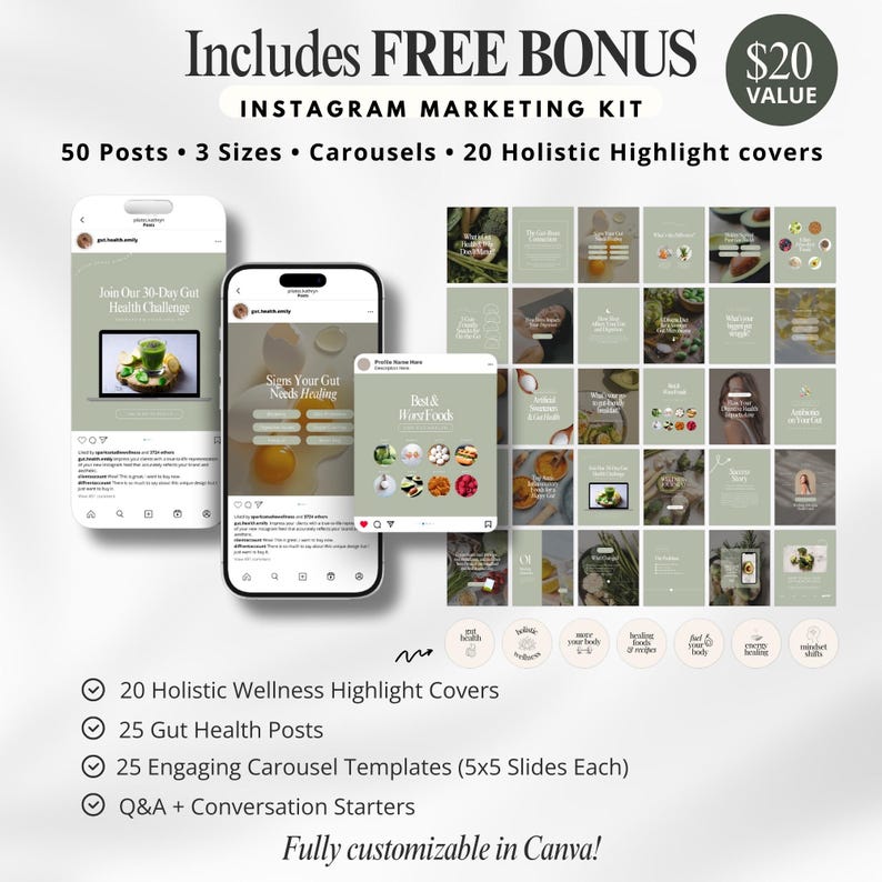 Gut Health Coach Bundle, Gut Health Guide Lead Magnet, Nutrition Coach Client Forms, Meal Plan Templates, Instagram Post  Templates, Canva