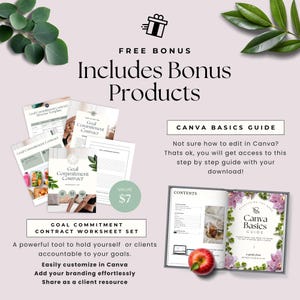 May include: A digital product bundle for goal setting and Canva basics. The bundle includes a goal commitment contract worksheet set and a Canva basics guide. The value of the bundle is $7.