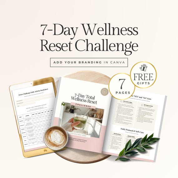 7 Day Wellness Reset Challenge Canva Template for Nutrition Coaches, Client Detox Program, Meal Plan, Habit Tracker & Wellness Guide