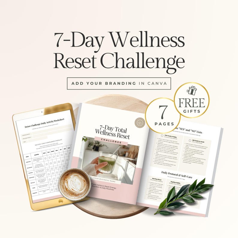 May include: A digital wellness guide titled "7-Day Wellness Reset Challenge" with the text "Add Your Branding in Canva." The image includes a tablet, a coffee cup, and a booklet with the title "7-Day Total Wellness Reset." There are also two circular icons that say "7 Pages" and "Free Gifts."