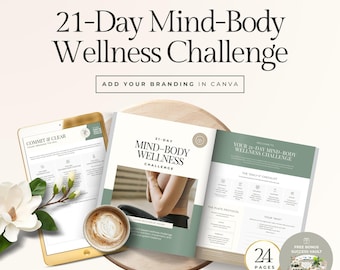 21-daagse Mind-Body Holistic Wellness Challenge Canva-sjabloon voor coaches, darmgezondheid, holistische voeding, beweging en vitaliteitsresetprogramma