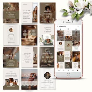 May include: A smartphone displays a social media feed with various posts and a grid of images. The posts feature text and images related to wellness, self-care, and somatic therapy. The phone is rose gold and is next to a sprig of white flowers.