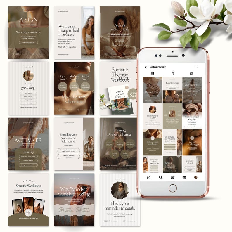 May include: A smartphone displays a social media feed with various posts and a grid of images. The posts feature text and images related to wellness, self-care, and somatic therapy. The phone is rose gold and is next to a sprig of white flowers.