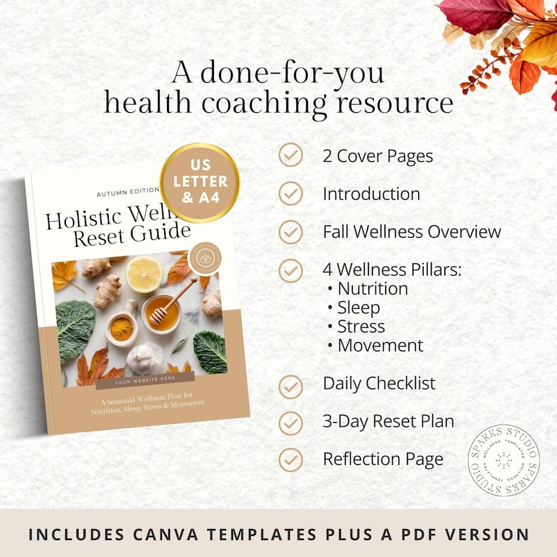 Holistic Health Coaching Ebook Template – Fall Wellness Reset Guide & Workbook, Canva Template for Coaches, Seasonal Client Handout