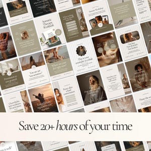 May include: A collection of beige and white cards with text and images, promoting somatic therapy and self-care practices. The phrase "Save 20+ hours of your time" is displayed prominently at the bottom.
