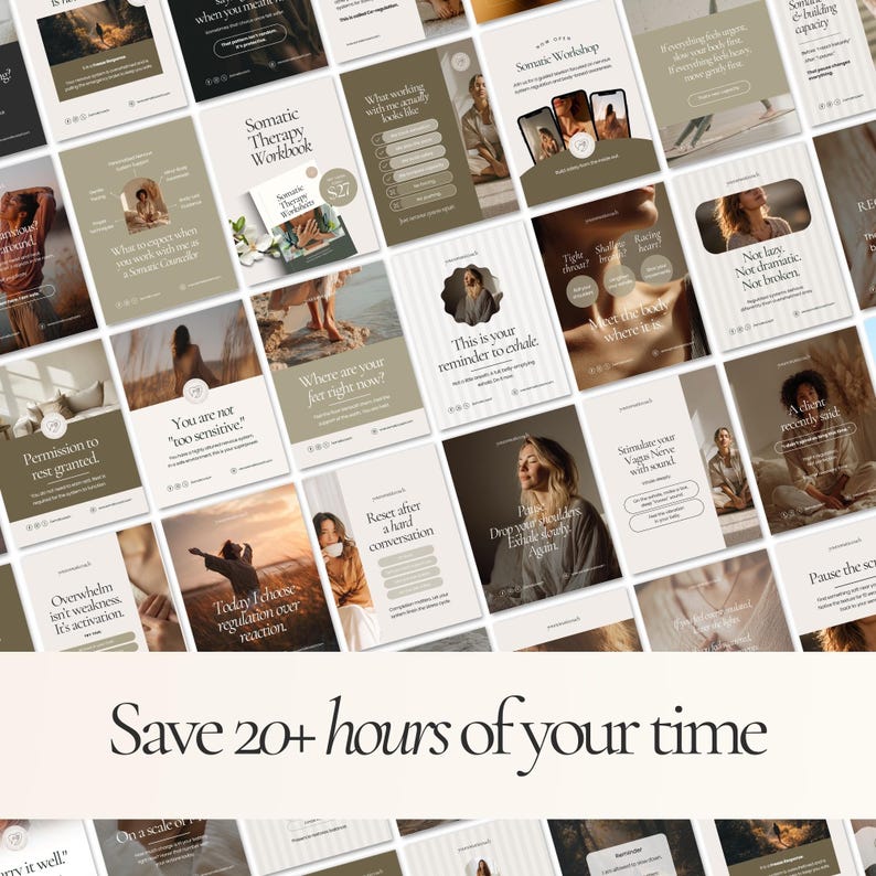 May include: A collection of beige and white cards with text and images, promoting somatic therapy and self-care practices. The phrase "Save 20+ hours of your time" is displayed prominently at the bottom.