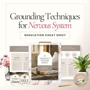 May include: A promotional image featuring a clipboard with a "Nervous System Reset" cheat sheet, surrounded by related materials. The text reads "Grounding Techniques for Nervous System Regulation Cheat Sheet." Additional elements include flowers, plants, and a pen.