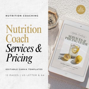 Peut inclure: Une maquette numérique d'un guide des services et des prix d'un coach en nutrition sur une tablette. Le guide a un fond blanc avec du texte noir et une photo d'un verre de limonade avec des tranches de citron. Le texte sur le guide indique "Nutrition Coaching Services & Pricing Guide". Le texte sous la photo indique "Un vous plus sain et plus heureux commence maintenant. Votre nom d'entreprise".