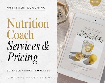 Può includere: Un mockup digitale di una guida ai servizi e ai prezzi di un coach di nutrizione su un tablet. La guida ha uno sfondo bianco con testo nero e una foto di un bicchiere di limonata con fette di limone. Il testo sulla guida recita "Nutrition Coaching Services & Pricing Guide". Il testo sotto la foto recita "Un te più sano e felice inizia ora. Il tuo nome aziendale".